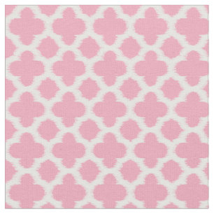 Bright Rose Pink White Ikat Quatrefoil Pattern Fabric