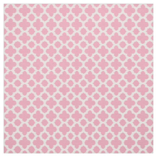 Bright Rose Pink White Ikat Quatrefoil Pattern Fabric (Swatch)