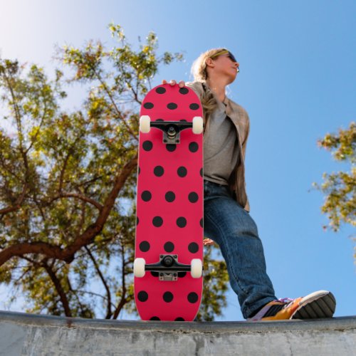 Bright Rose Red and Black Polka Dots Skateboard