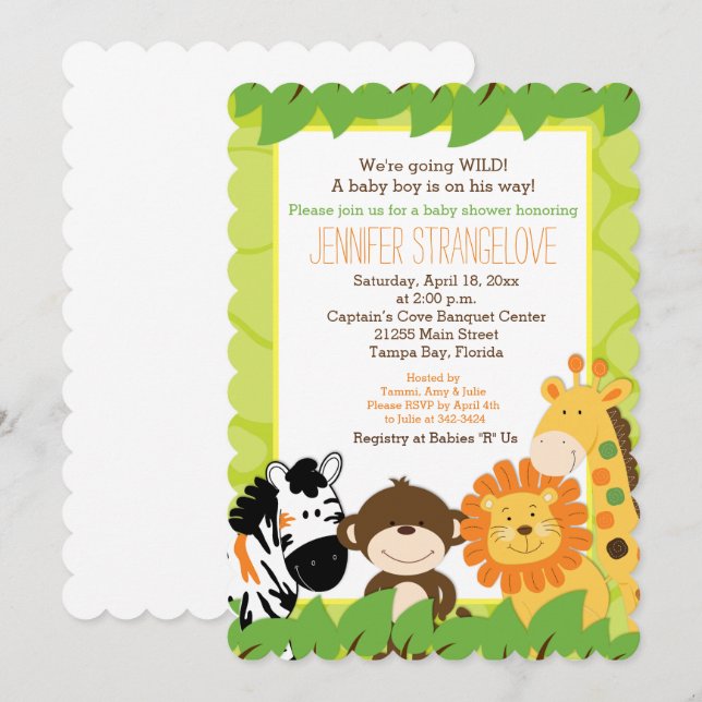 Bright Safari Jungle Animals Baby Shower die cut Invitation (Front/Back)