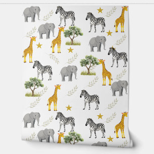 Bright Safari Nursery Wallpaper – Giraffes, Zebras Wallpaper