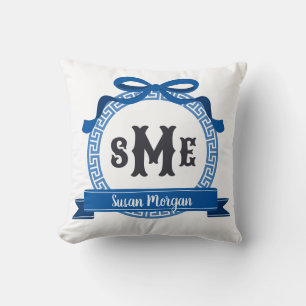 Bright Sail Blue Greek Key Bow Monogram Throw Pillow