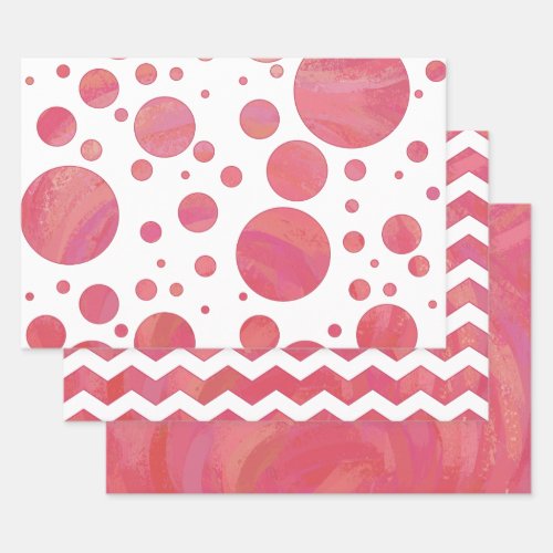 Bright Salmon Pink Color Coordinated Patterns Wrapping Paper Sheets