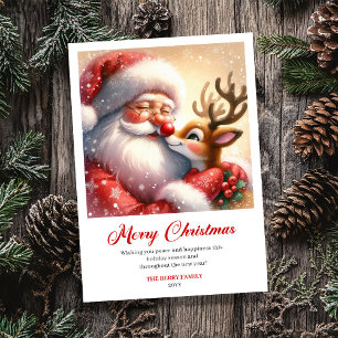 Bright Santa And Rudolph Merry Christmas Greeting  Holiday Card
