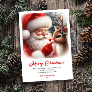 Bright Santa And Rudolph Merry Christmas Greeting  Holiday Card
