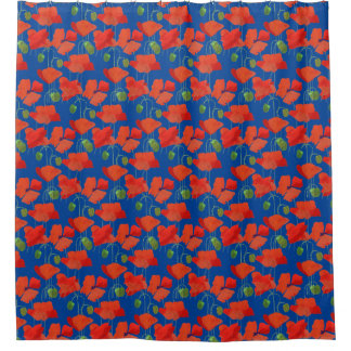 Bright Scarlet Poppies on Blue Floral Pattern Shower Curtain
