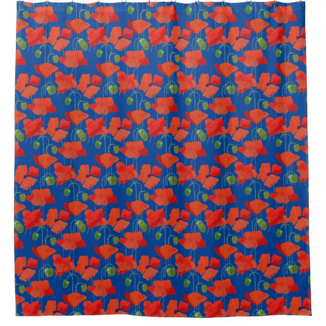 Bright Scarlet Poppies on Blue Floral Pattern Shower Curtain (Front)