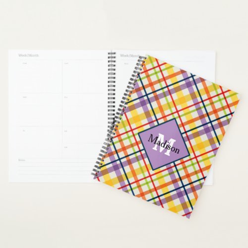 Bright School Plaid Monogram Planner Purple
