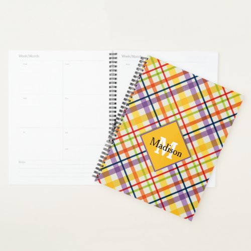 Bright School Plaid Monogram Yellow Planner