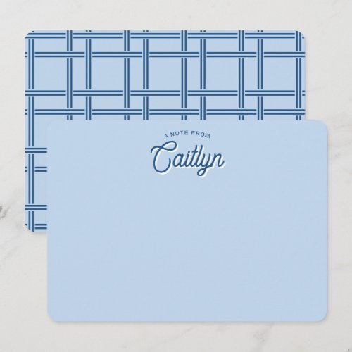 Bright Script Blue Basket Weave Personalized Flat Note Card
