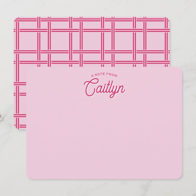 Bright Script Pink Basket Weave Personalized Flat Note Card (Front/Back)