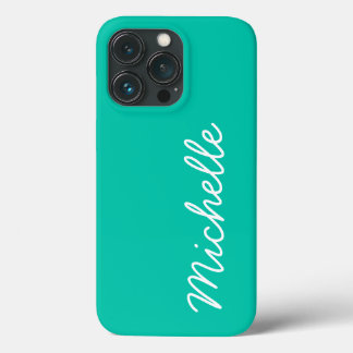 Bright Seafoam Green & White Custom Name or Text iPhone 13 Pro Case