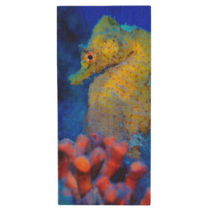 Bright Seahorse   Hippocampus Wood Flash Drive