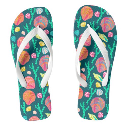 Bright Seashells and Seaweed Pattern Green Pink Flip Flops