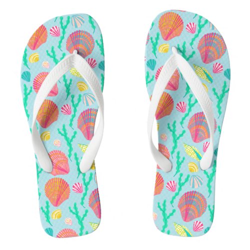 Bright Seashells and Seaweed Pattern Pink Aqua Flip Flops