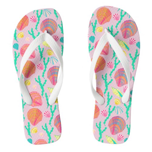 Bright Seashells and Seaweed Pattern Pink Green Flip Flops