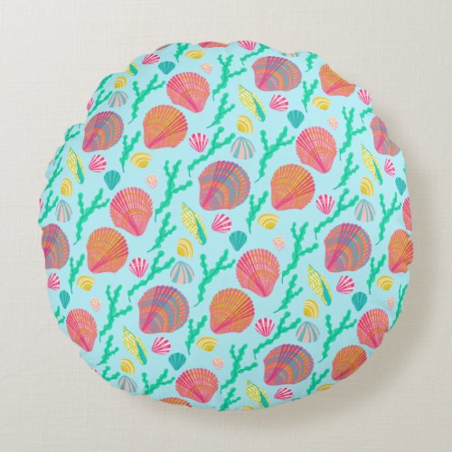 Bright Seashells and Seaweed Pattern Round Pillow