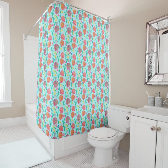 Bright Seashells and Seaweed Pattern Shower Curtain (In Situ)