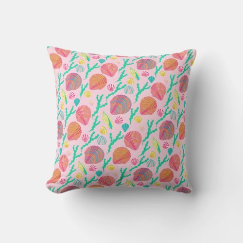 Bright Seashells and Seaweed Pattern Throw Pillow