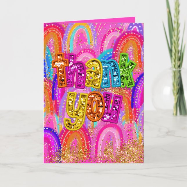 Bright Sequin Letters Rainbow Letterpress Thank You Card (Front)