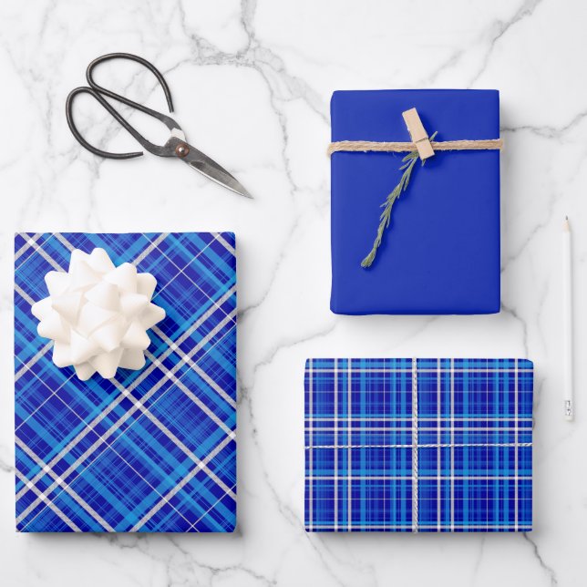 Bright Shades of Blue & White Plaid Wrapping Paper Sheets (Front)