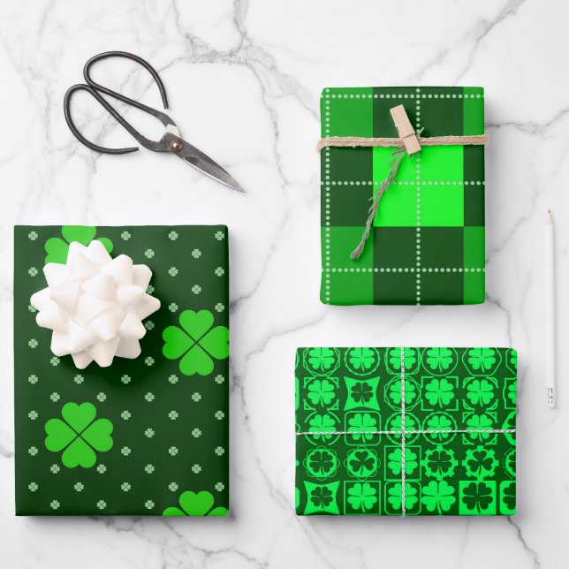 BRIGHT SHADES OF GREEN IRISH SHAMROCKS WRAPPING PAPER SHEETS (Front)