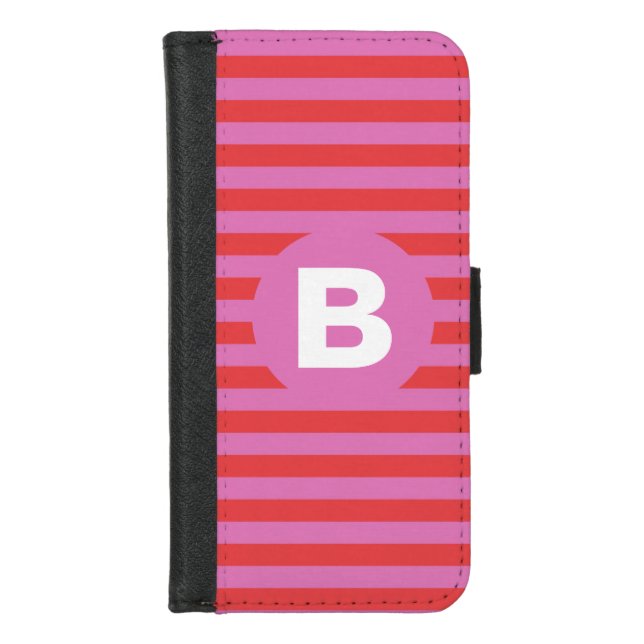 Bright Shades of Pink Striped Monogrammed iPhone Wallet Case (Front)