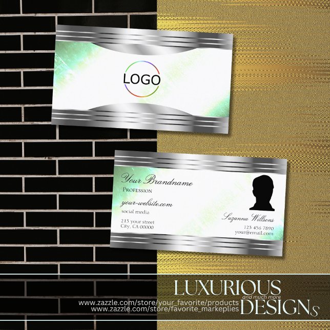 Bright Shimmery Mint with Silver Border Logo Photo Business Card (Creator Uploaded)