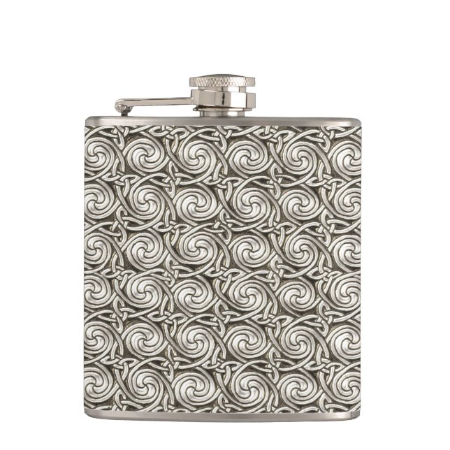 Bright Shiny Silver Celtic Spiral Knots Pattern Flask (Front)