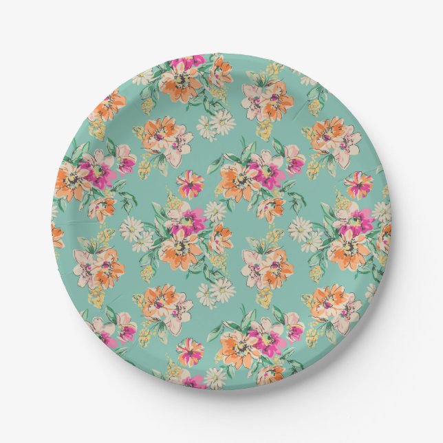 Bright Sketch Floral Pattern Paper Plates (Front)