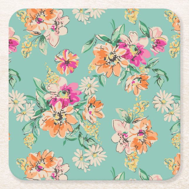 Bright Sketch Floral Pattern Square Paper Coaster (Front)