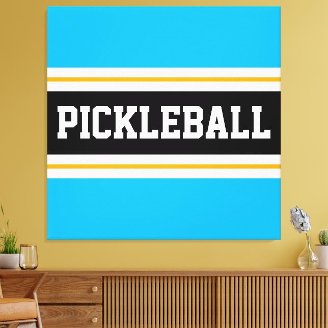 Bright Sky Blue Black Orange PICKLEBALL Stripes Canvas Print (Insitu(LivingRoom))