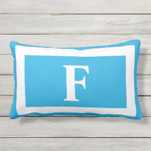 Bright Sky Blue Bold Monogram Initial Outdoor Lumbar Pillow