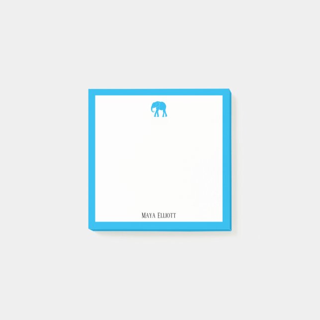 Bright Sky Blue Elephant and Border on White, Name Post-it Notes (Front)