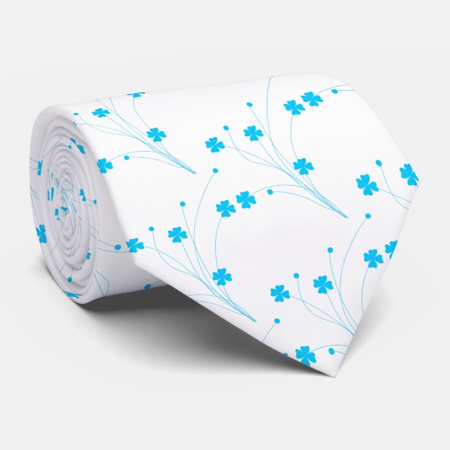 Bright Sky Blue Flowers, Small Floral Print Neck Tie (Rolled)