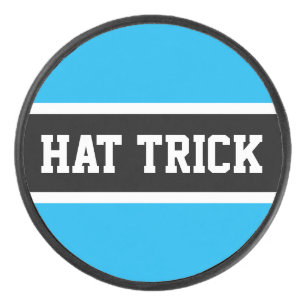 Bright Sky Blue White Black Stripes HAT TRICK Text Hockey Puck