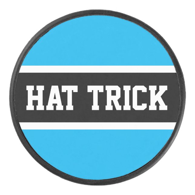 Bright Sky Blue White Black Stripes HAT TRICK Text Hockey Puck (Front)