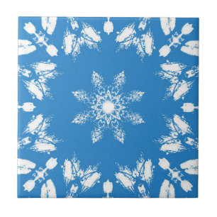 Bright sky blue white star flower geometric design ceramic tile