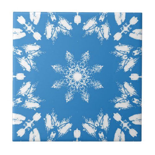 Bright sky blue white star flower geometric design ceramic tile