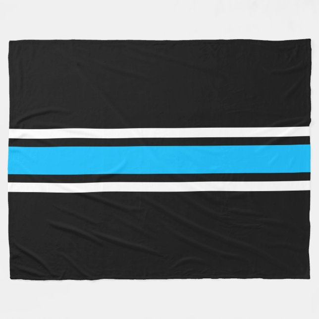 Bright Slim Sky Blue White Racing Stripes On Black Fleece Blanket (Front (Horizontal))