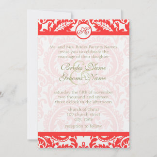 Bright Snap Dragon Coral Damask Gray Font Wedding Invitation