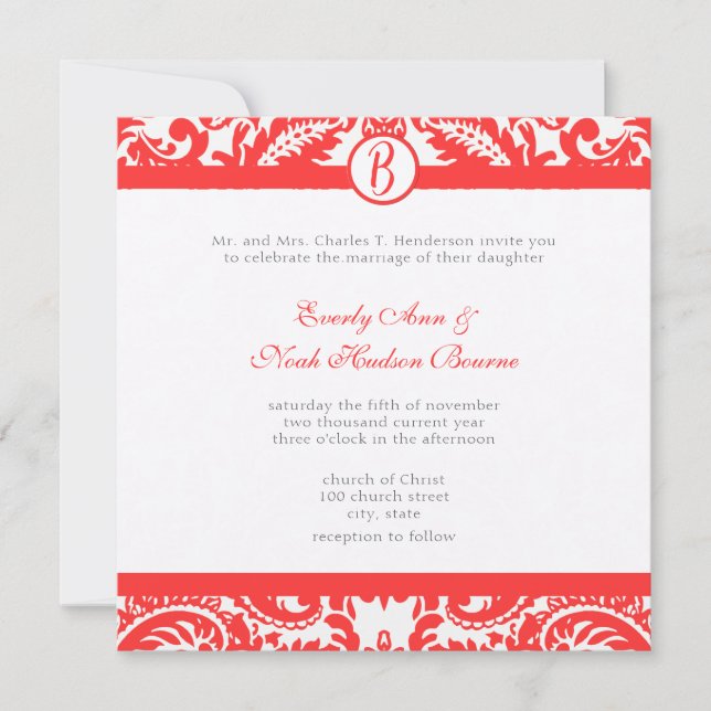 Bright Snap Dragon Coral Damask Gray Font Wedding Invitation (Front)