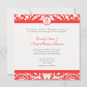 Bright Snap Dragon Coral Damask Gray Font Wedding Invitation