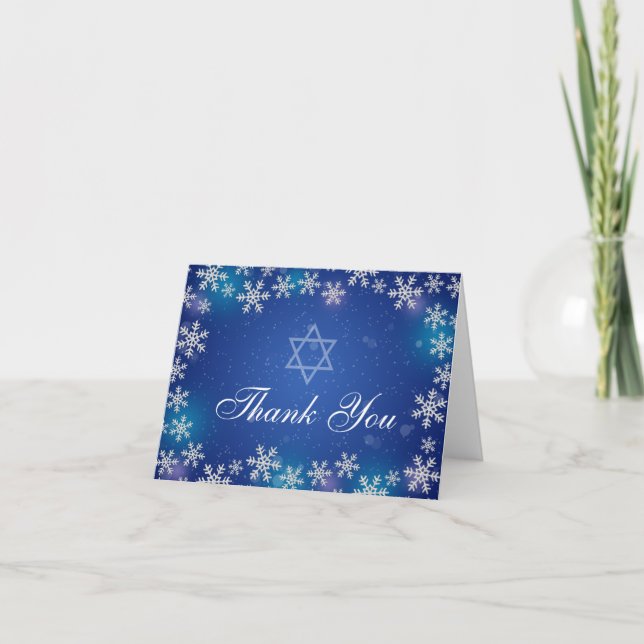 Bright Snowflake Blue Winter Bat Mitzvah Thank You Card (Front)