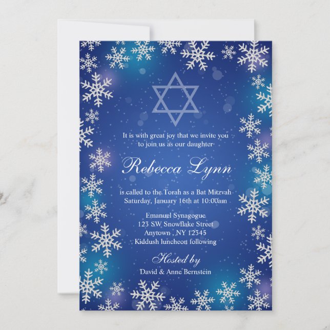 Bright Snowflakes Blue Winter Bat Mitzvah Invitation (Front)