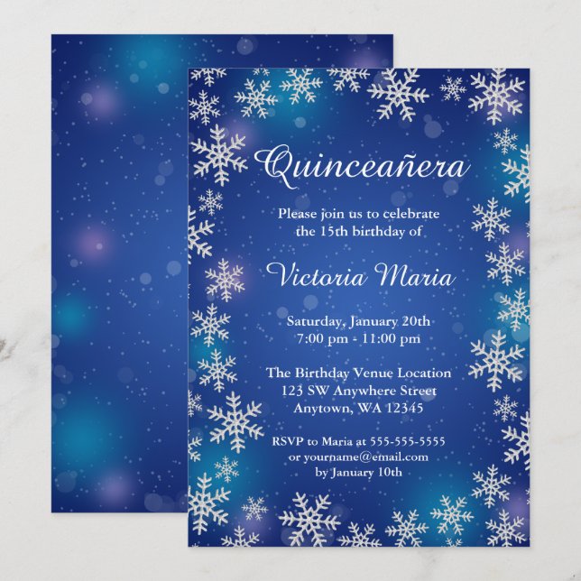 Bright Snowflakes Blue Winter Quinceanera Invites (Front/Back)