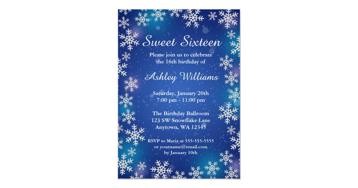Bright Snowflakes Blue Winter Wonderland Sweet 16 Invitation