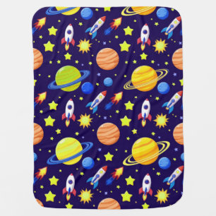 Bright Space Adventure Rockets Planets Stars Baby Blanket