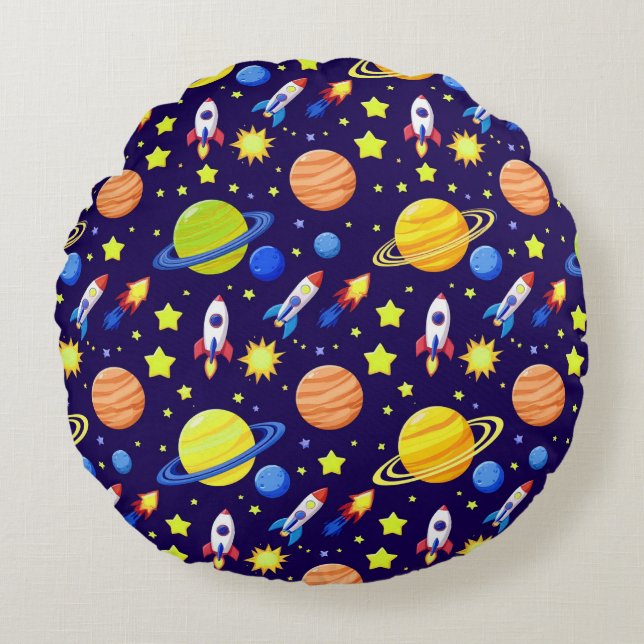 Bright Space Adventure Rockets Planets Stars Round Pillow (Front)
