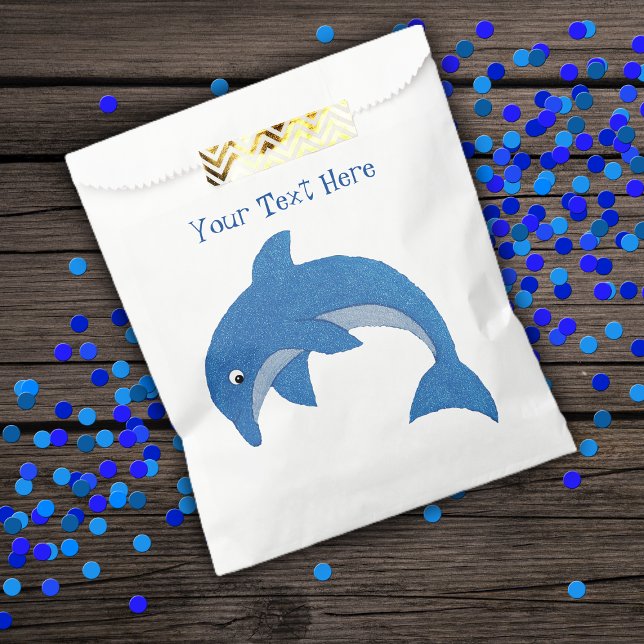 Bright Sparkle Blue Jumping Dolphin Birthday Favor Bag (Bright blue sparkle like ocean dolphin in jumping position on kids party favor bags.)